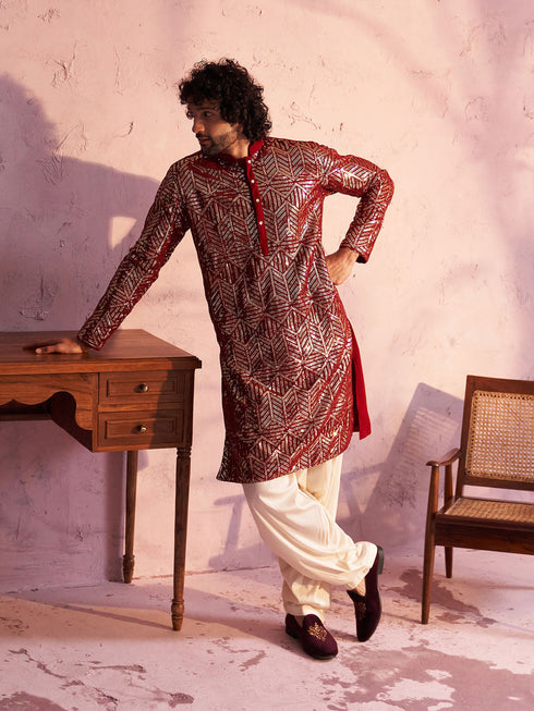 Men's Maroon Georgette Embellished Kurta Patiala Set